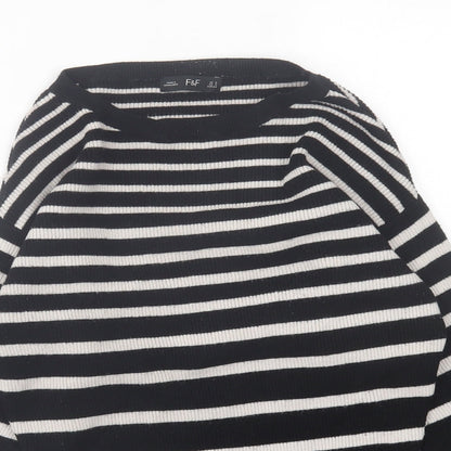 F&F Womens Black Crew Neck Striped Polyester Pullover Jumper Size 6
