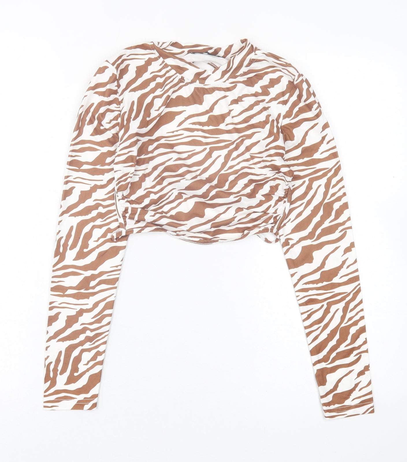 SheIn Womens Brown Animal Print Polyester Cropped T-Shirt Size XS High Neck