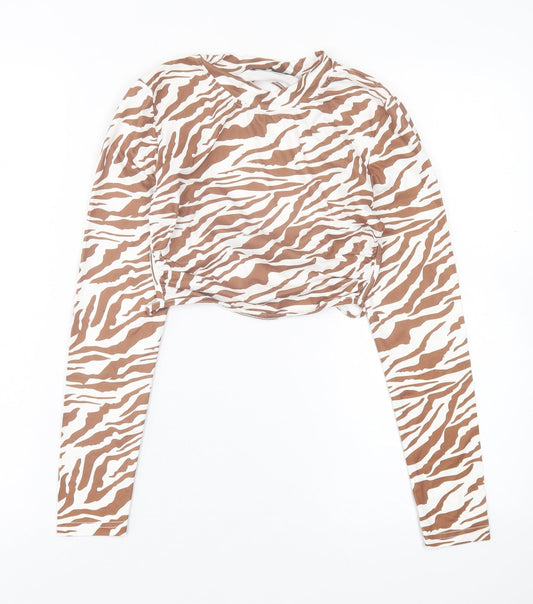 SheIn Womens Brown Animal Print Polyester Cropped T-Shirt Size XS High Neck