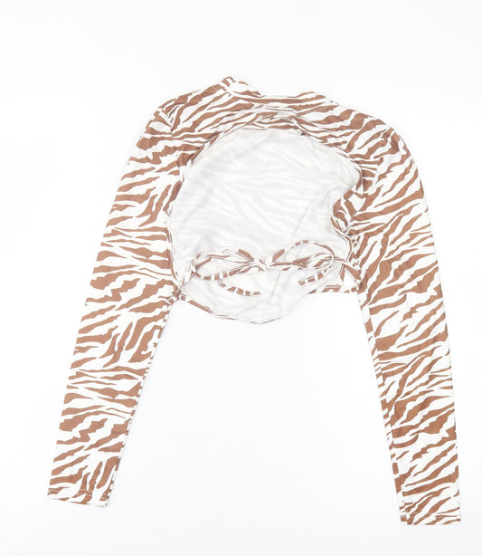 SheIn Womens Brown Animal Print Polyester Cropped T-Shirt Size XS High Neck