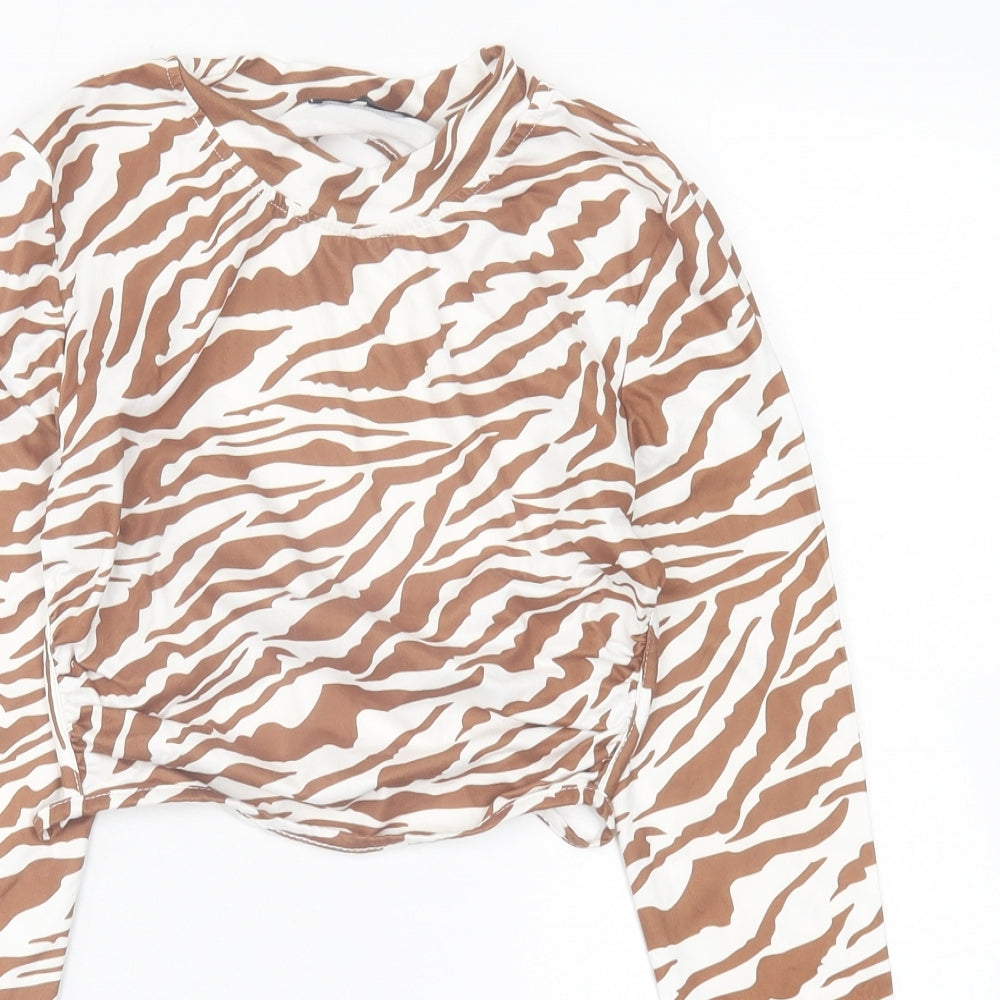 SheIn Womens Brown Animal Print Polyester Cropped T-Shirt Size XS High Neck
