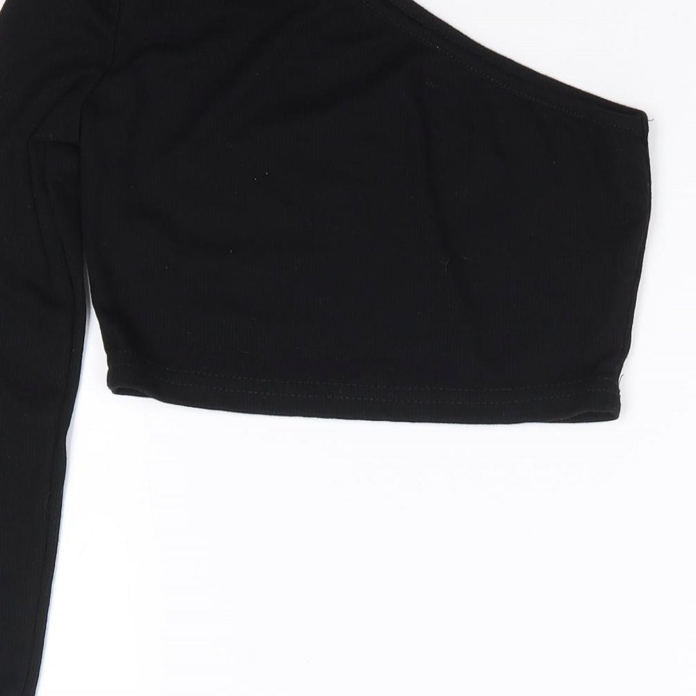 SheIn Girls Black  Cotton Cropped T-Shirt Size 10 Years One Shoulder Pullover - Ribbed