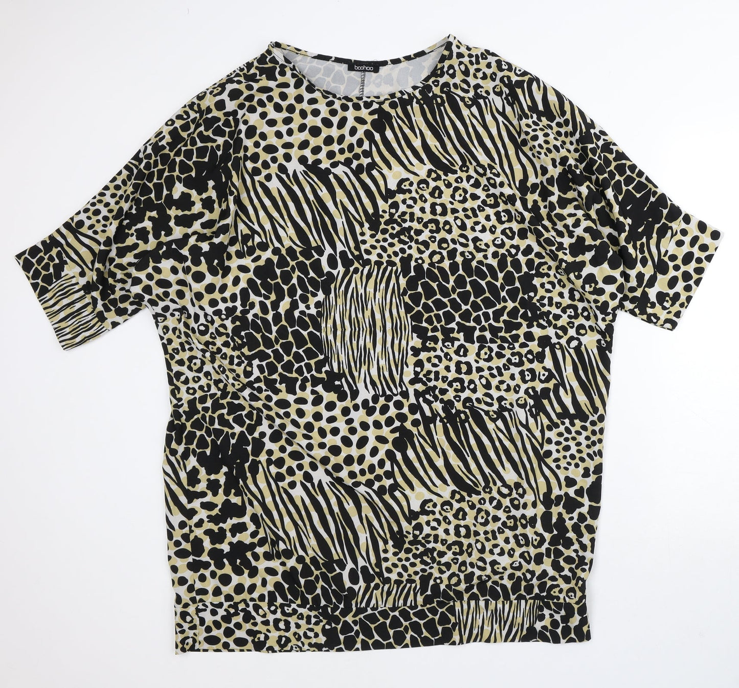 Boohoo Womens Yellow Animal Print Polyester Tunic Blouse Size 2 Round Neck
