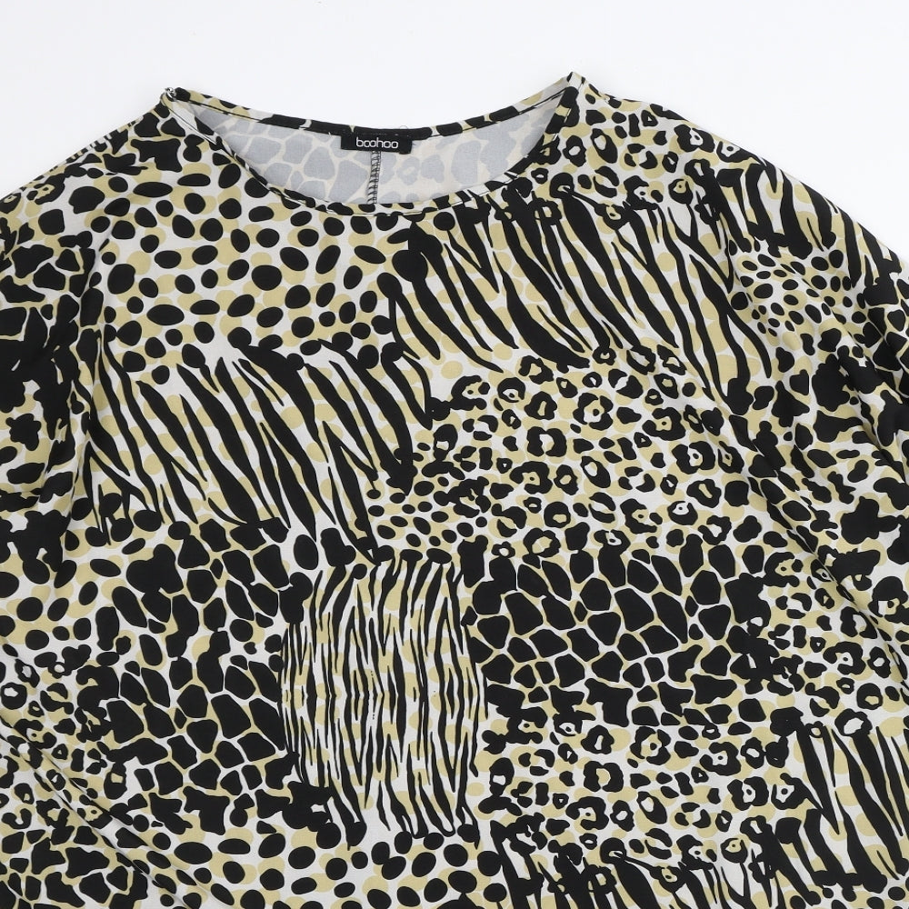 Boohoo Womens Yellow Animal Print Polyester Tunic Blouse Size 2 Round Neck