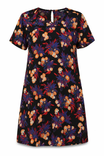 Boohoo Womens Black Floral Polyester A-Line  Size 12  Round Neck