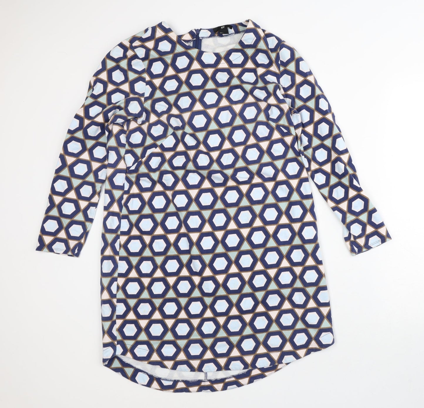 H&M Womens Blue Geometric 100% Cotton T-Shirt Dress  Size L  Crew Neck