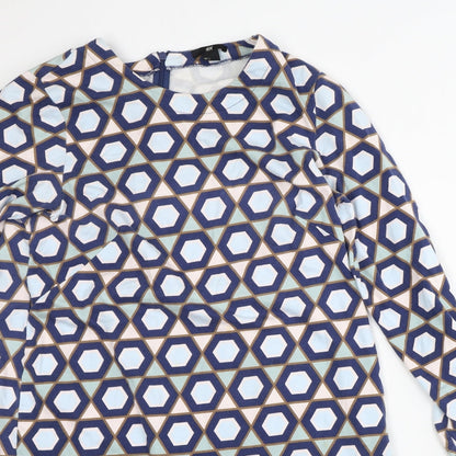 H&M Womens Blue Geometric 100% Cotton T-Shirt Dress  Size L  Crew Neck