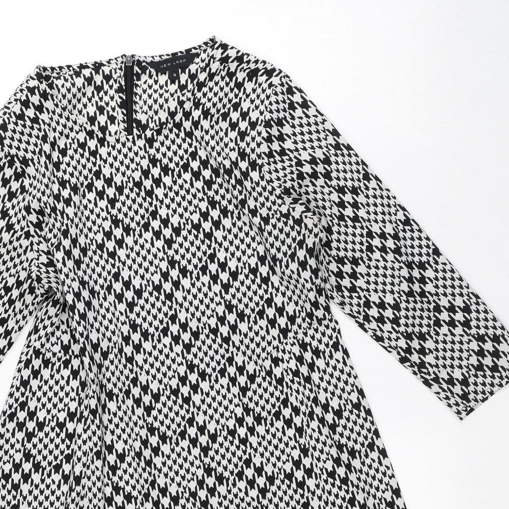 New Look Womens White Geometric Polyester A-Line  Size 12  Round Neck