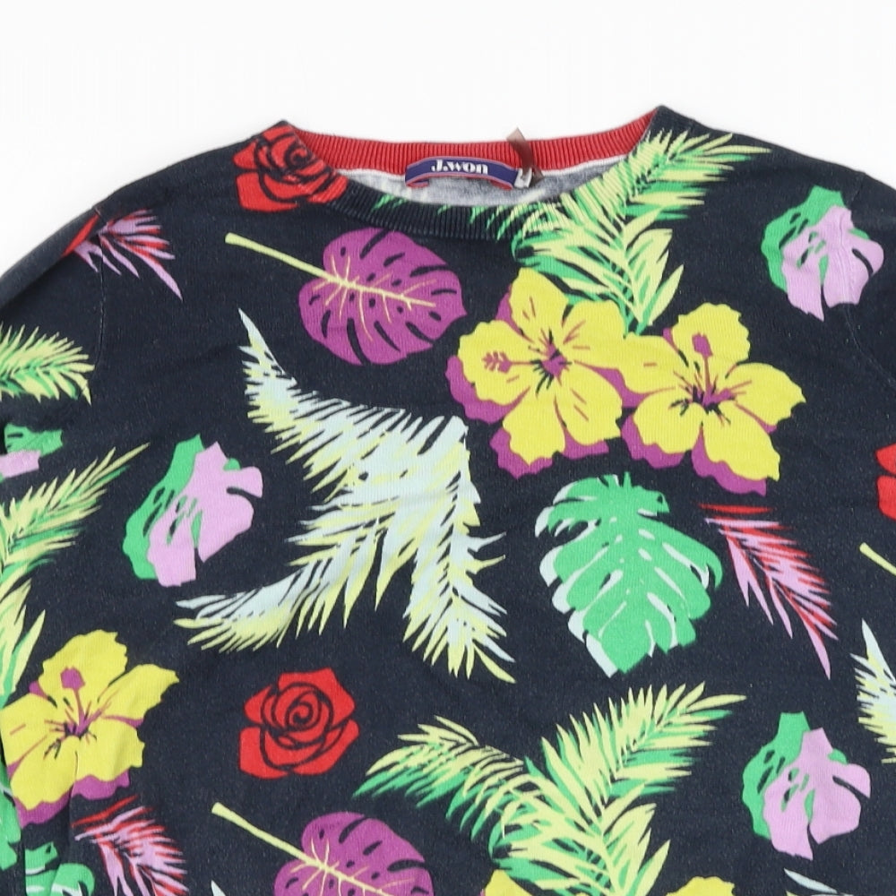J.Won Womens Blue Round Neck Floral Cotton Pullover Jumper Size S