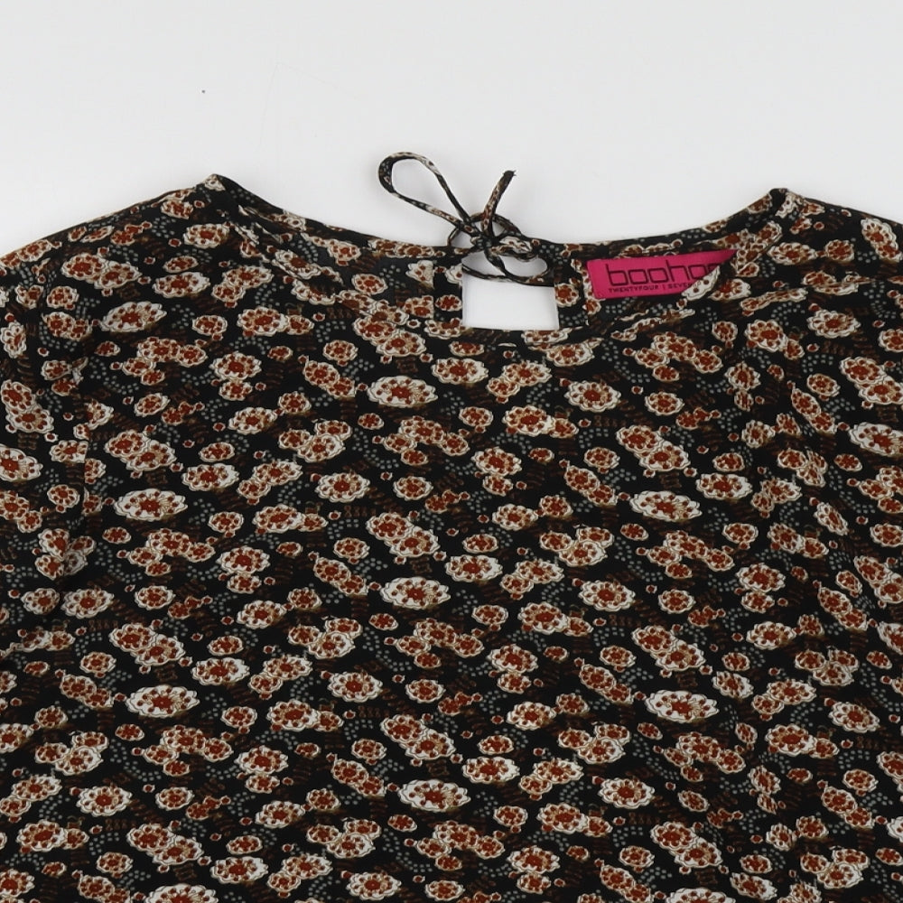 Boohoo Womens Brown Geometric Polyester Basic Blouse Size 8 Round Neck