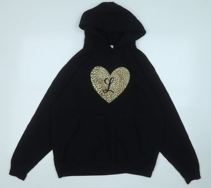 Fruit of the Loom Girls Black  Cotton Pullover Hoodie Size 14-15 Years   - Love Heart
