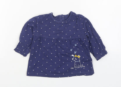 Marks and Spencer Girls Blue Polka Dot 100% Cotton Basic T-Shirt Size 3-6 Months Round Neck Pullover