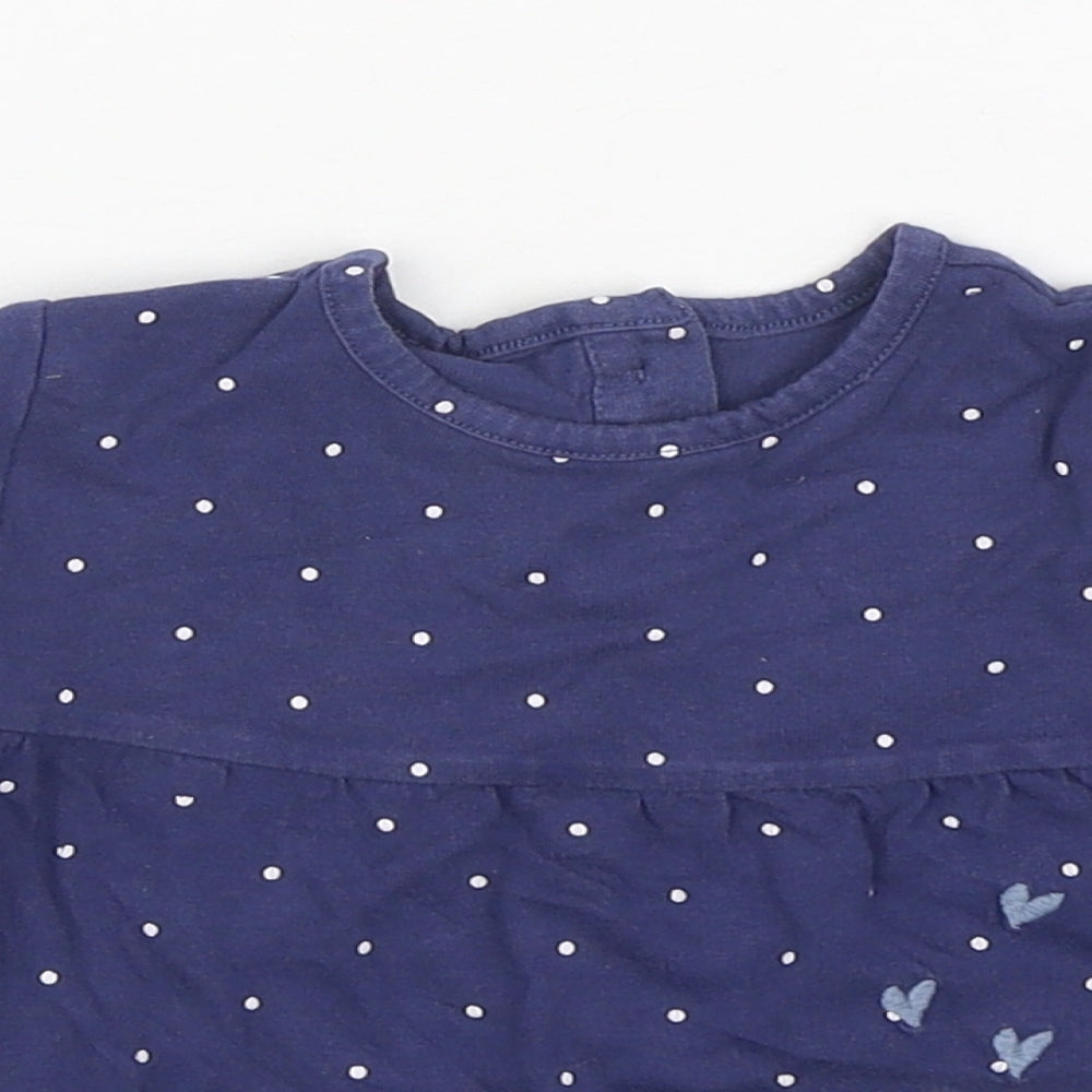 Marks and Spencer Girls Blue Polka Dot 100% Cotton Basic T-Shirt Size 3-6 Months Round Neck Pullover