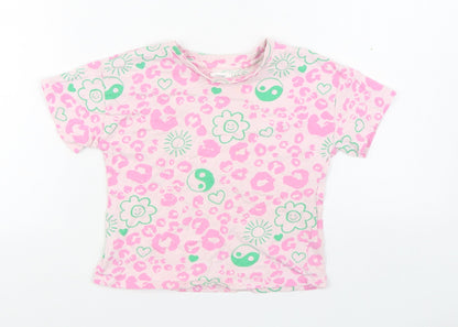 NEXT Girls Pink Animal Print 100% Cotton Basic T-Shirt Size 4 Years Round Neck Pullover