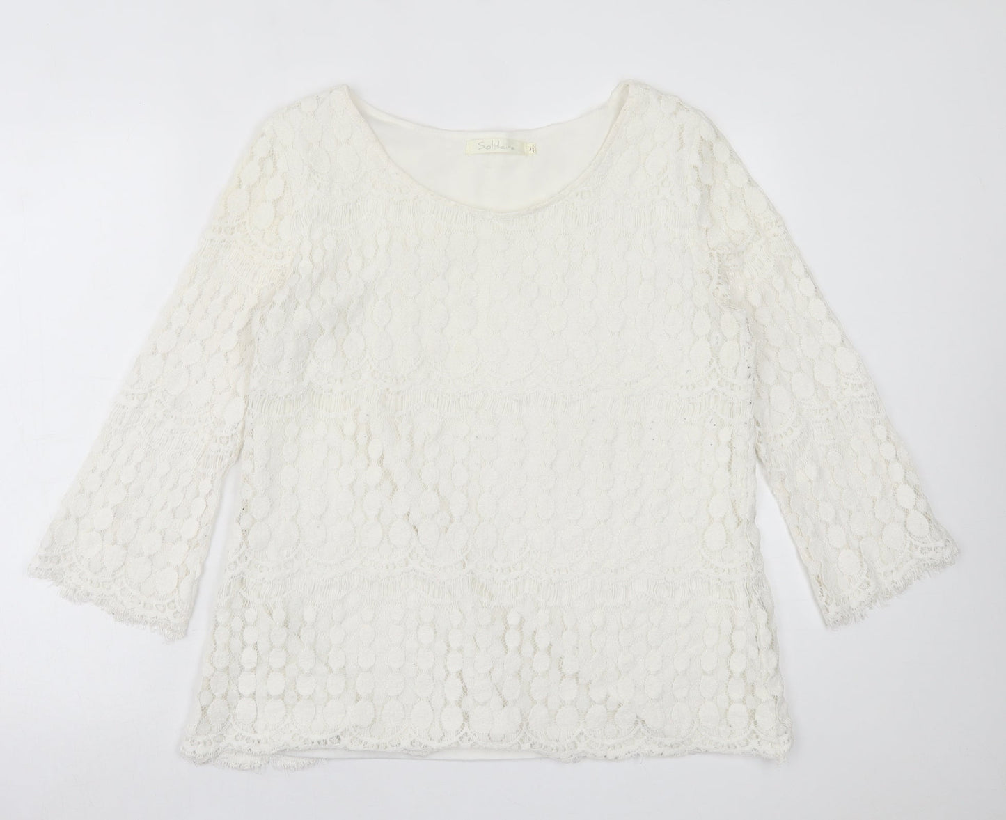 Solitaire Fits-Over Womens White Geometric Polyester Basic Blouse Size L Crew Neck