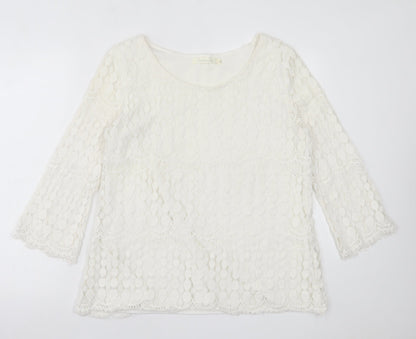 Solitaire Fits-Over Womens White Geometric Polyester Basic Blouse Size L Crew Neck