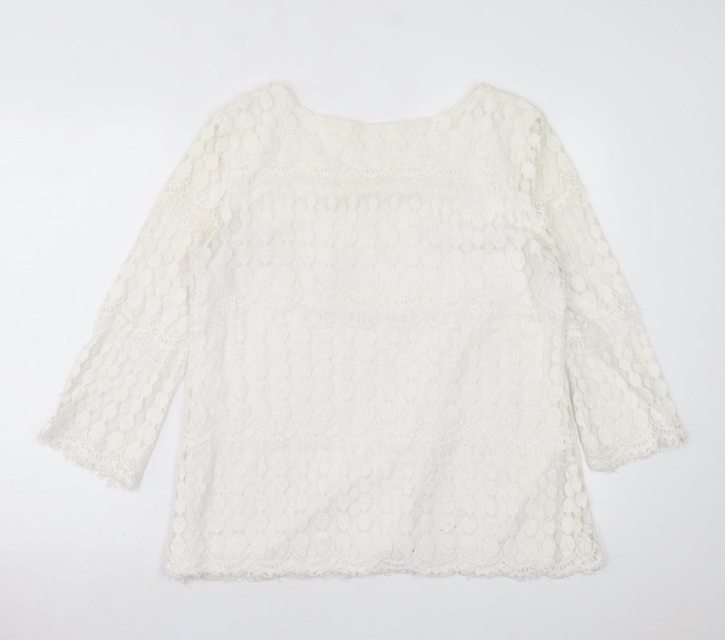 Solitaire Fits-Over Womens White Geometric Polyester Basic Blouse Size L Crew Neck