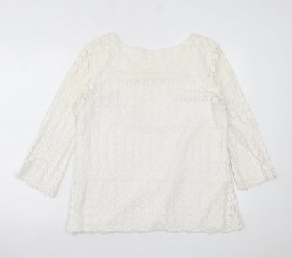Solitaire Fits-Over Womens White Geometric Polyester Basic Blouse Size L Crew Neck