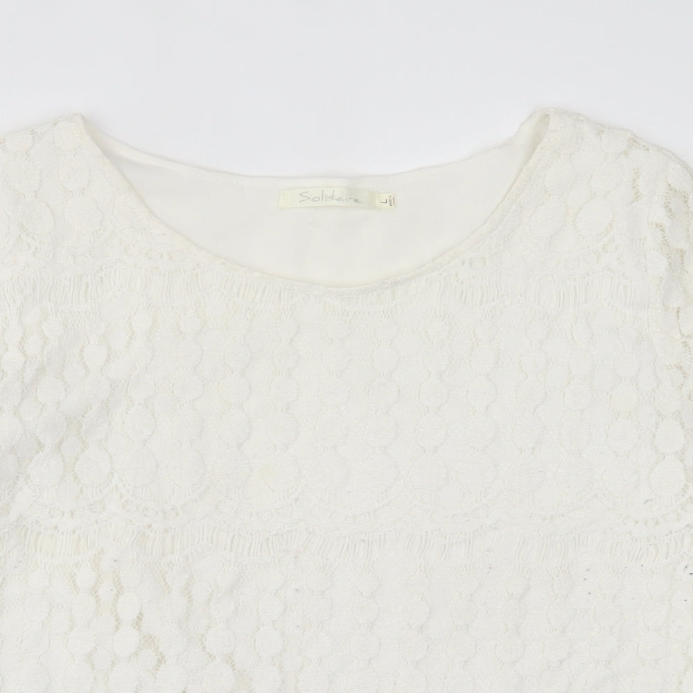 Solitaire Fits-Over Womens White Geometric Polyester Basic Blouse Size L Crew Neck