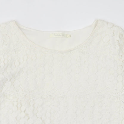 Solitaire Fits-Over Womens White Geometric Polyester Basic Blouse Size L Crew Neck