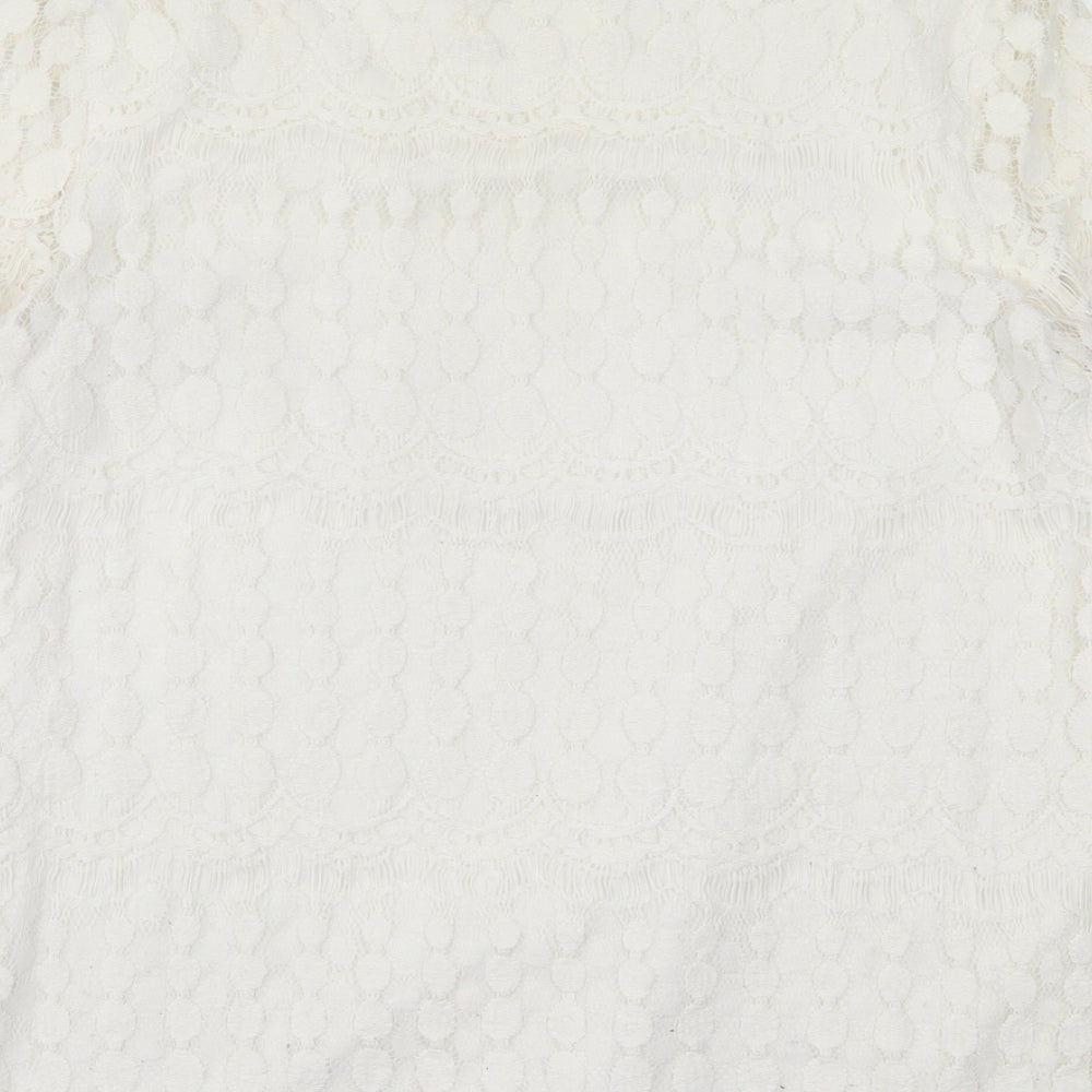 Solitaire Fits-Over Womens White Geometric Polyester Basic Blouse Size L Crew Neck