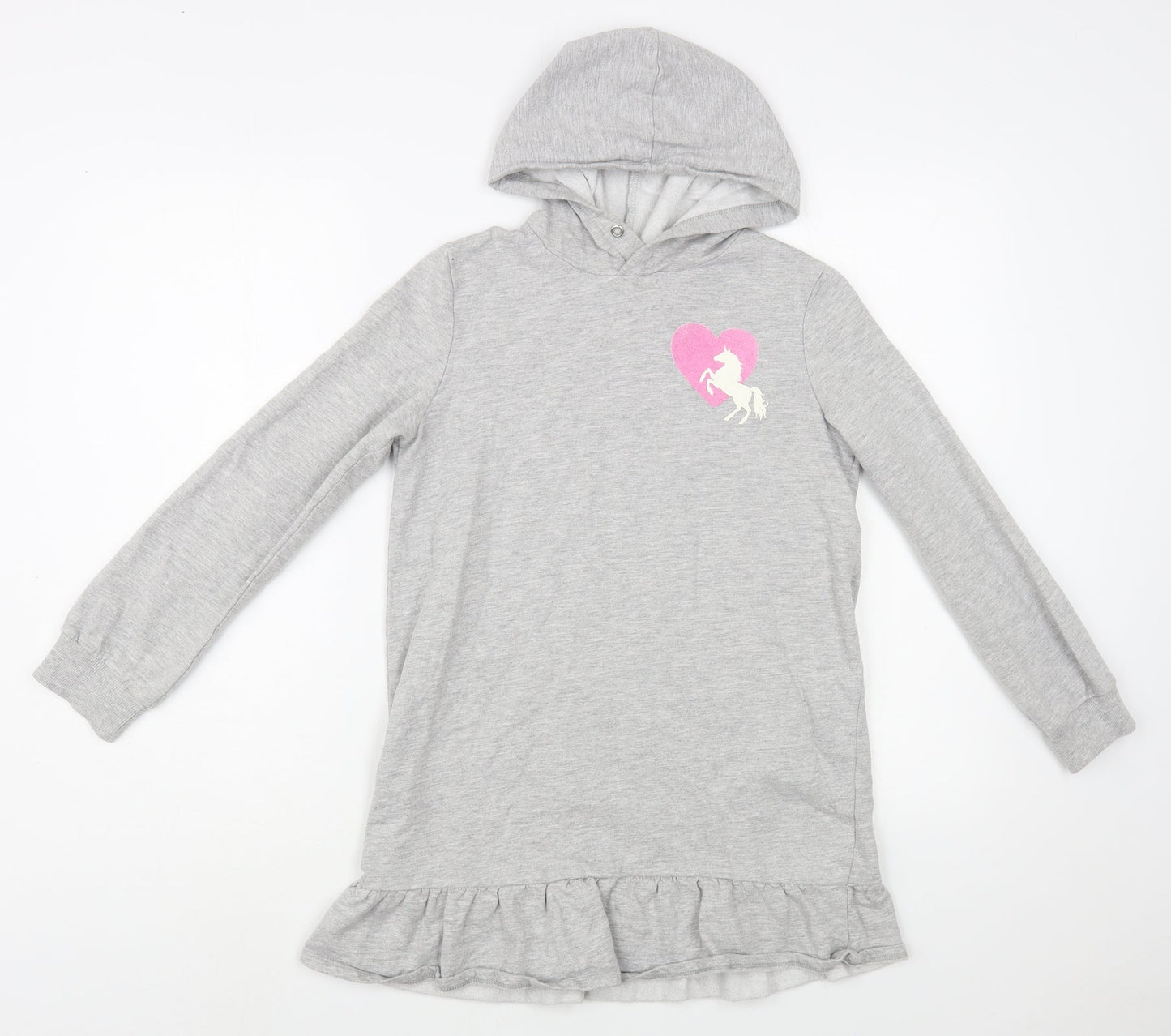 H&M Girls Grey  Cotton Tunic Hoodie Size 10-11 Years  Pullover - Unicorn