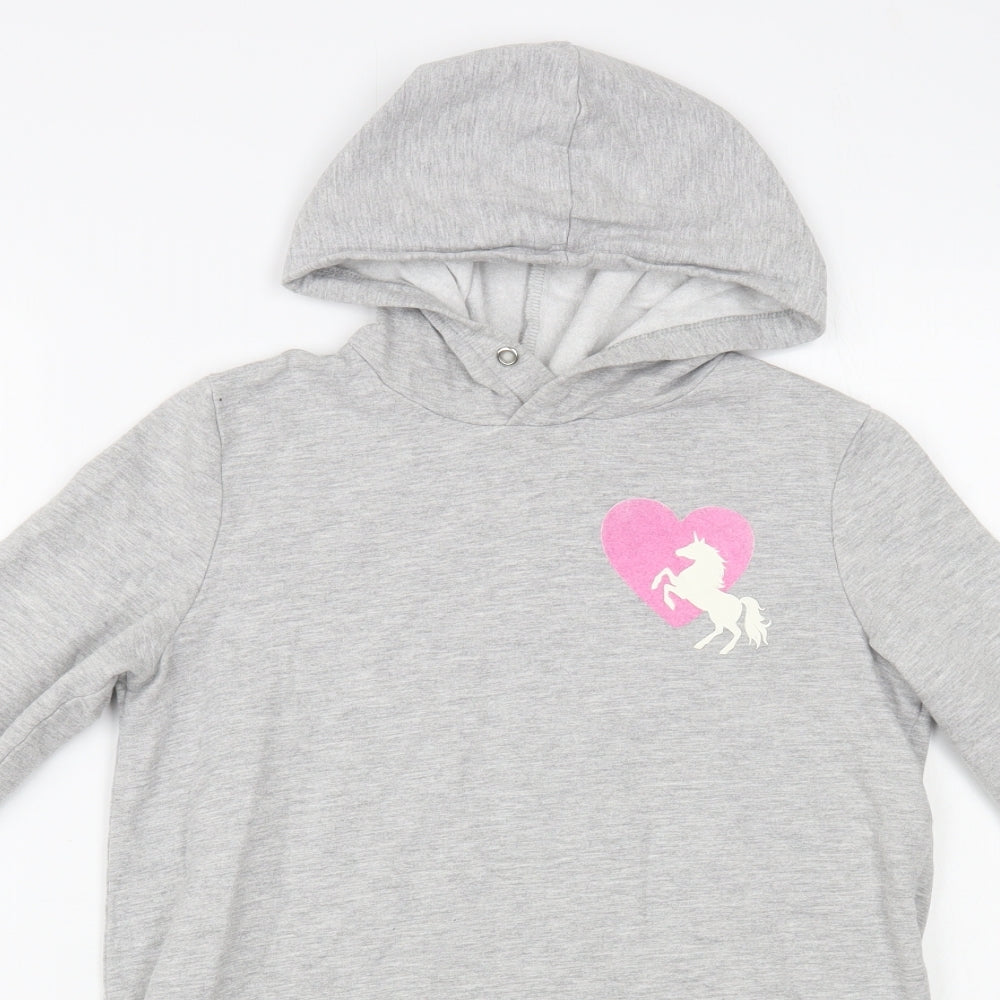 H&M Girls Grey  Cotton Tunic Hoodie Size 10-11 Years  Pullover - Unicorn