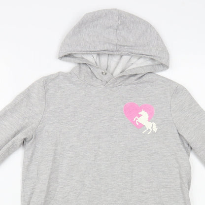 H&M Girls Grey  Cotton Tunic Hoodie Size 10-11 Years  Pullover - Unicorn