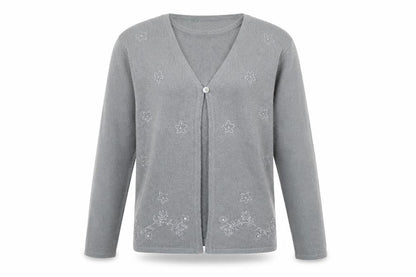 Bonmarché Womens Grey Round Neck Geometric Polyester Cardigan Jumper Size M - Two Layers