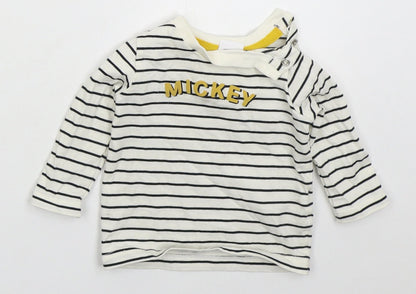 Tesco Baby White Striped Cotton Basic T-Shirt Size 3-6 Months Crew Neck Pullover - Mickey