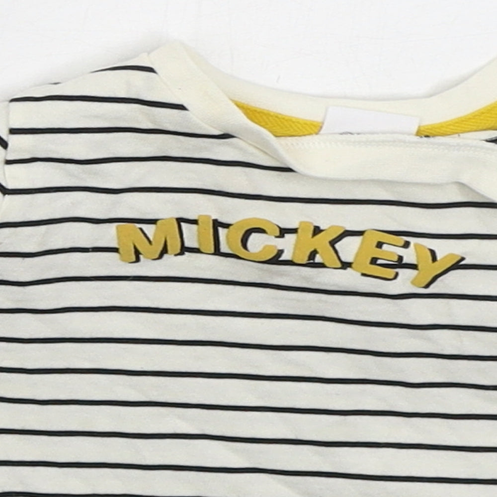 Tesco Baby White Striped Cotton Basic T-Shirt Size 3-6 Months Crew Neck Pullover - Mickey