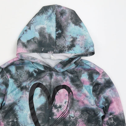 SheIn Girls Grey  Polyester Pullover Hoodie Size 11-12 Years  Pullover - Heart Blue Pink Abstract