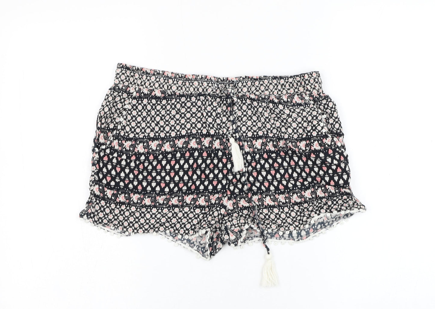 Atmosphere Womens Black Floral Viscose Hot Pants Shorts Size 10 L3 in Regular Drawstring