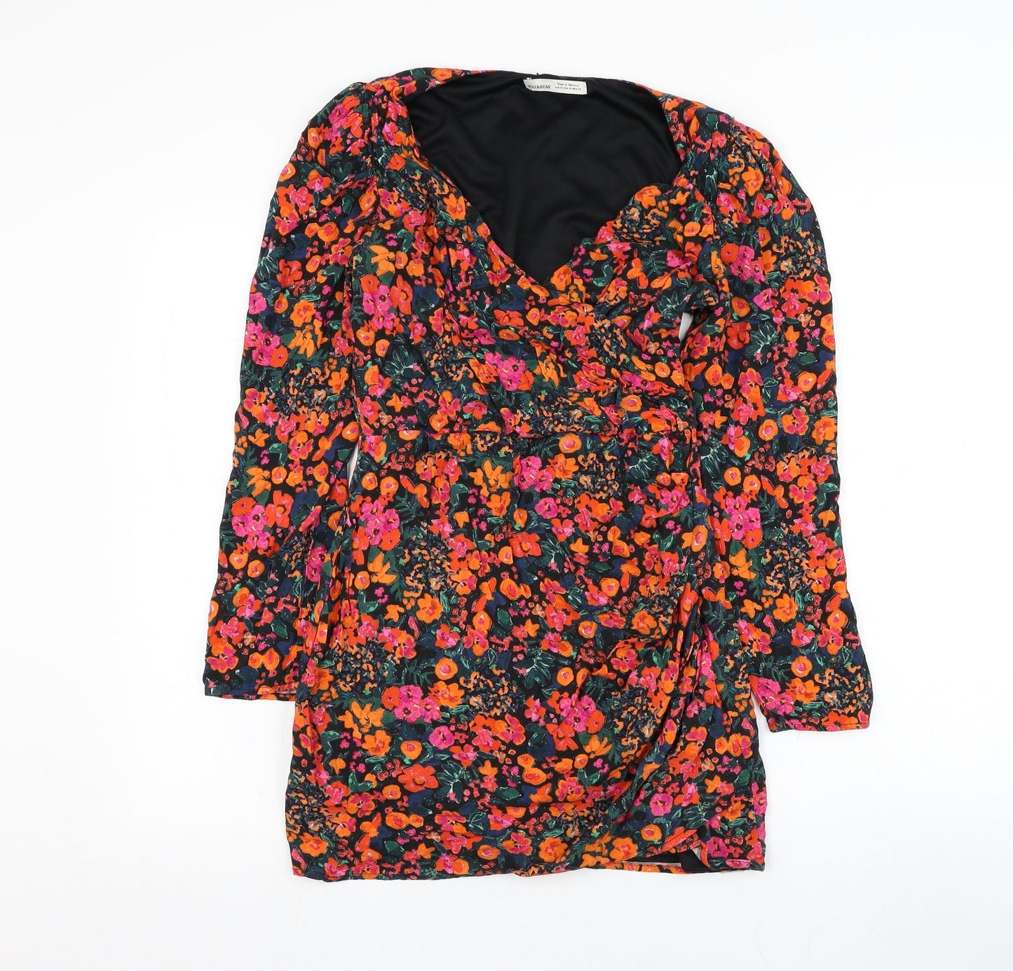 Pull&Bear Womens Black Floral Polyester Shift  Size M  Scoop Neck Pullover