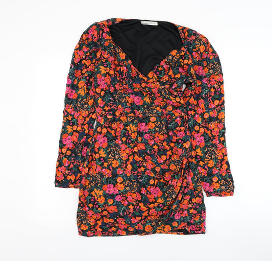 Pull&Bear Womens Black Floral Polyester Shift  Size M  Scoop Neck Pullover