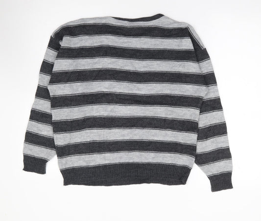 Littlewoods Womens Grey Round Neck Striped Acrylic Pullover Jumper Size 14