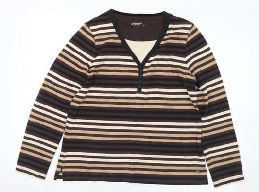 DASH Womens Brown V-Neck Striped Cotton Pullover Jumper Size 12