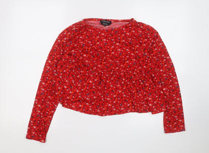 wednesday's girl Womens Red Round Neck Floral Polyester Pullover Jumper Size M