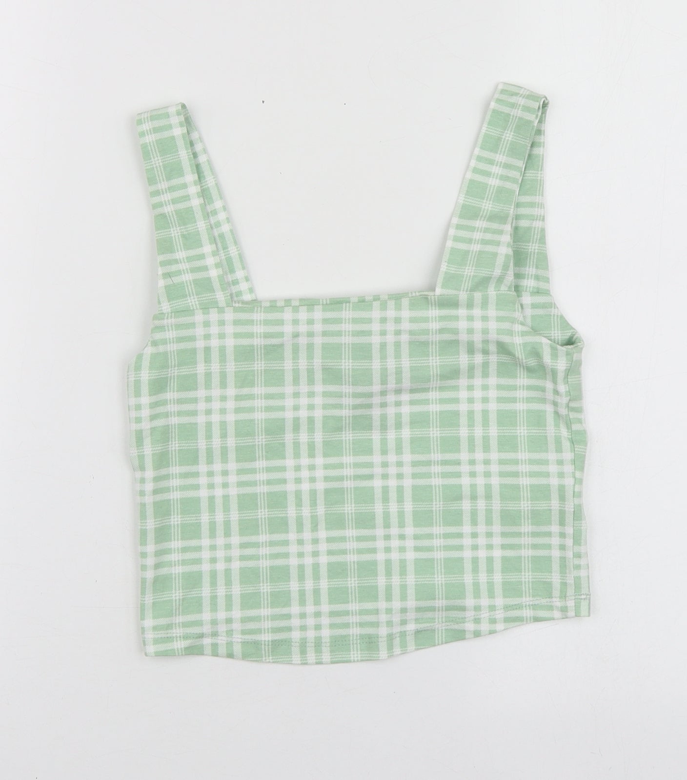 New Look Girls Green Plaid Cotton Basic T-Shirt Size 10-11 Years Square Neck