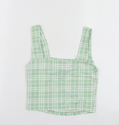New Look Girls Green Plaid Cotton Basic T-Shirt Size 10-11 Years Square Neck