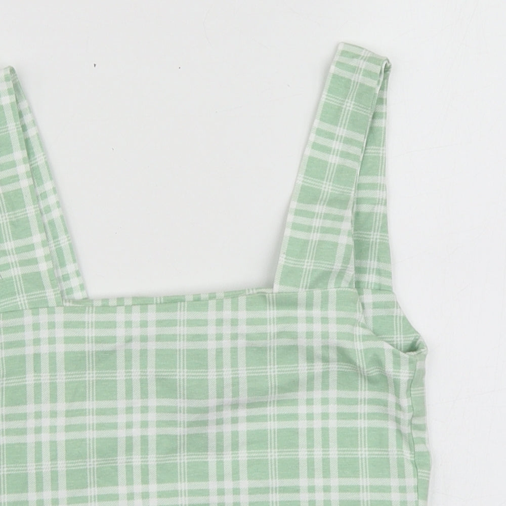 New Look Girls Green Plaid Cotton Basic T-Shirt Size 10-11 Years Square Neck