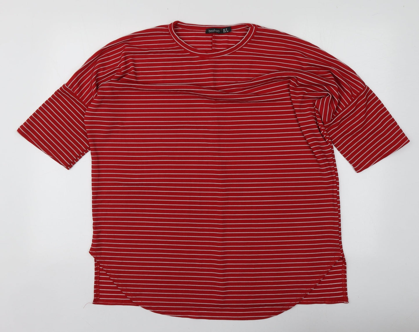 Boohoo Womens Red Striped Polyester Basic T-Shirt Size 10 Round Neck