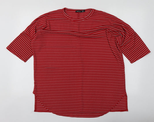 Boohoo Womens Red Striped Polyester Basic T-Shirt Size 10 Round Neck