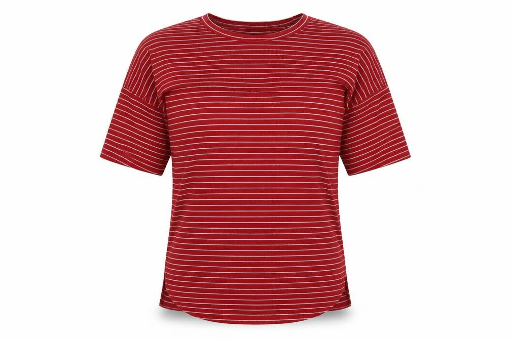 Boohoo Womens Red Striped Polyester Basic T-Shirt Size 10 Round Neck