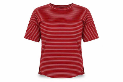 Boohoo Womens Red Striped Polyester Basic T-Shirt Size 10 Round Neck