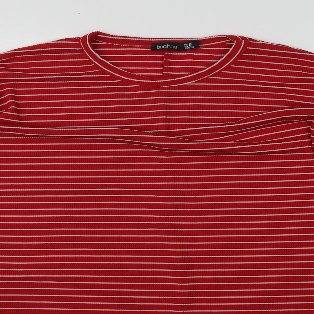 Boohoo Womens Red Striped Polyester Basic T-Shirt Size 10 Round Neck