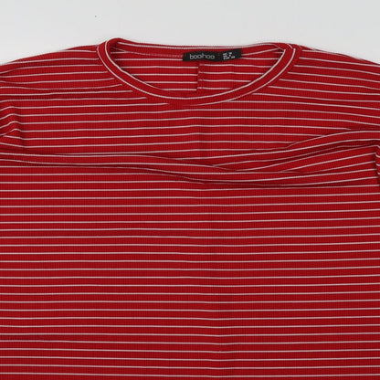 Boohoo Womens Red Striped Polyester Basic T-Shirt Size 10 Round Neck
