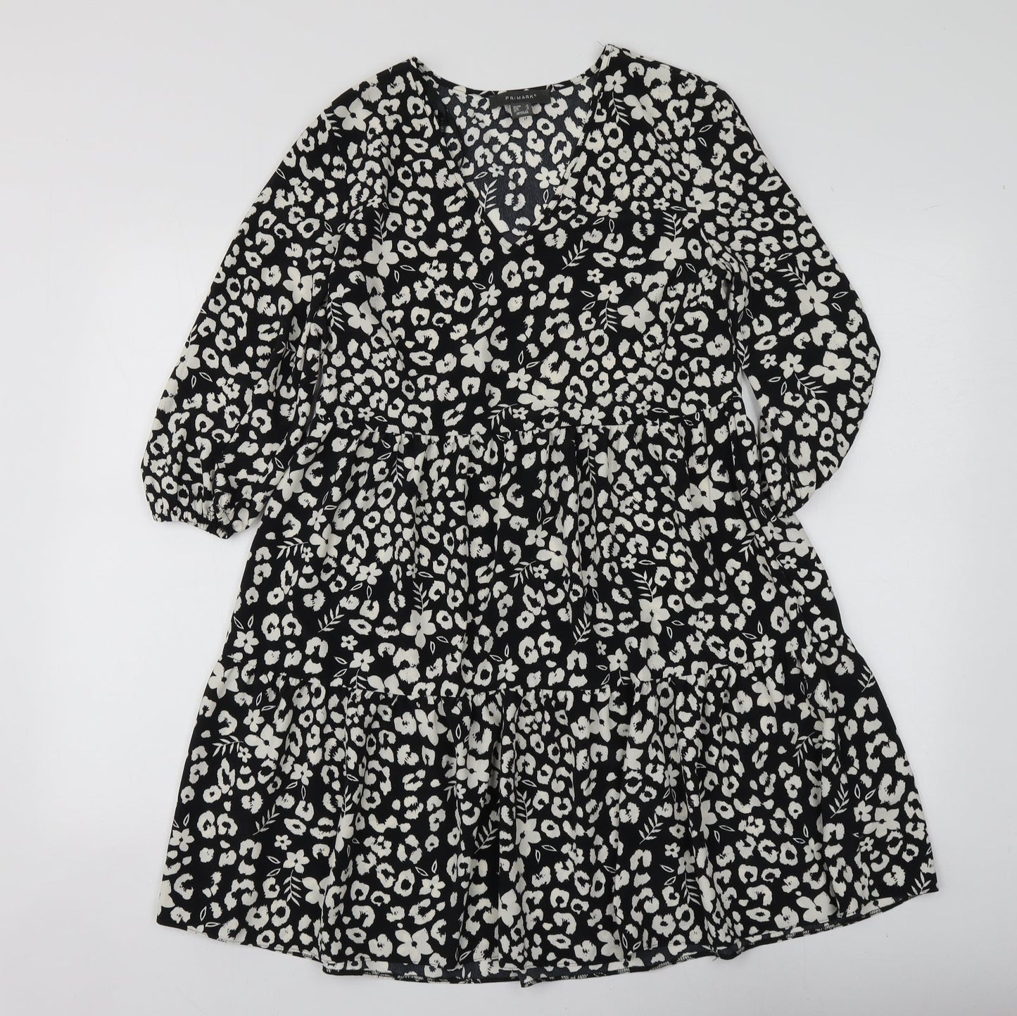 Primark Womens Black Geometric Polyester Skater Dress  Size 4  V-Neck