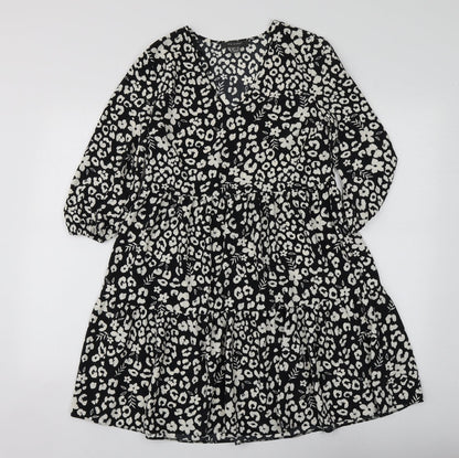 Primark Womens Black Geometric Polyester Skater Dress  Size 4  V-Neck