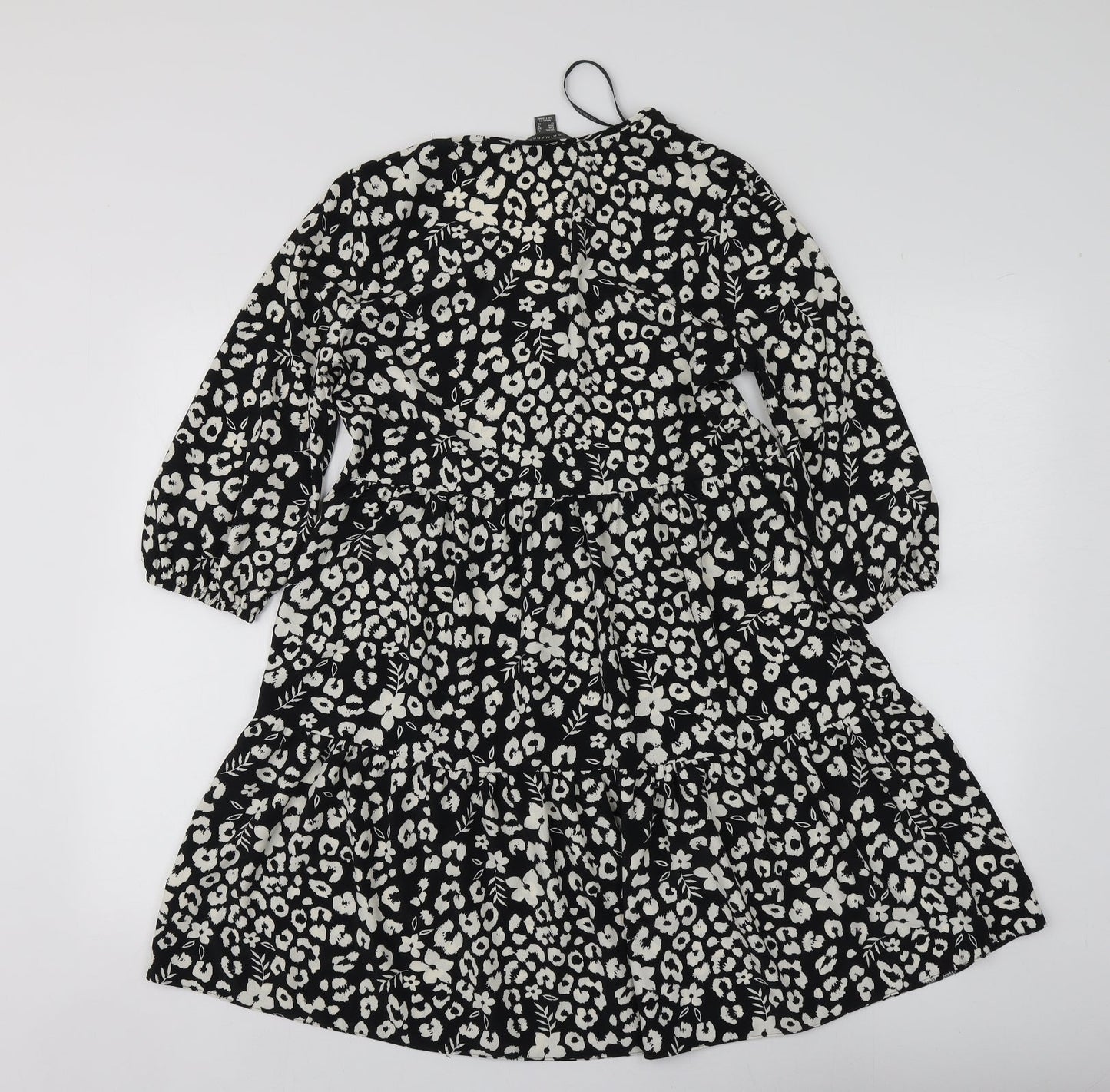 Primark Womens Black Geometric Polyester Skater Dress  Size 4  V-Neck